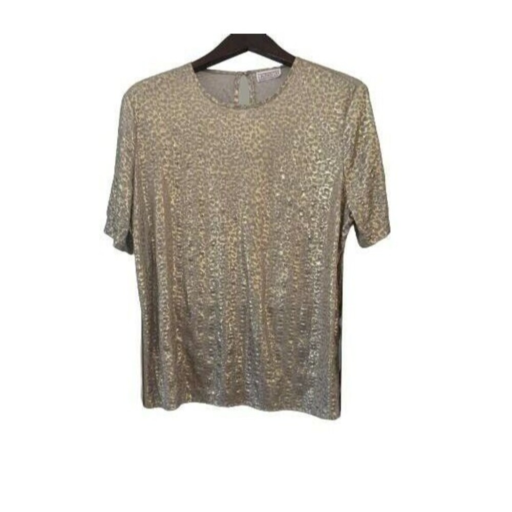 Lauren Lee Shirt Womens XL Gold Leopard Print Short Sleeve Crew Keyhole Back